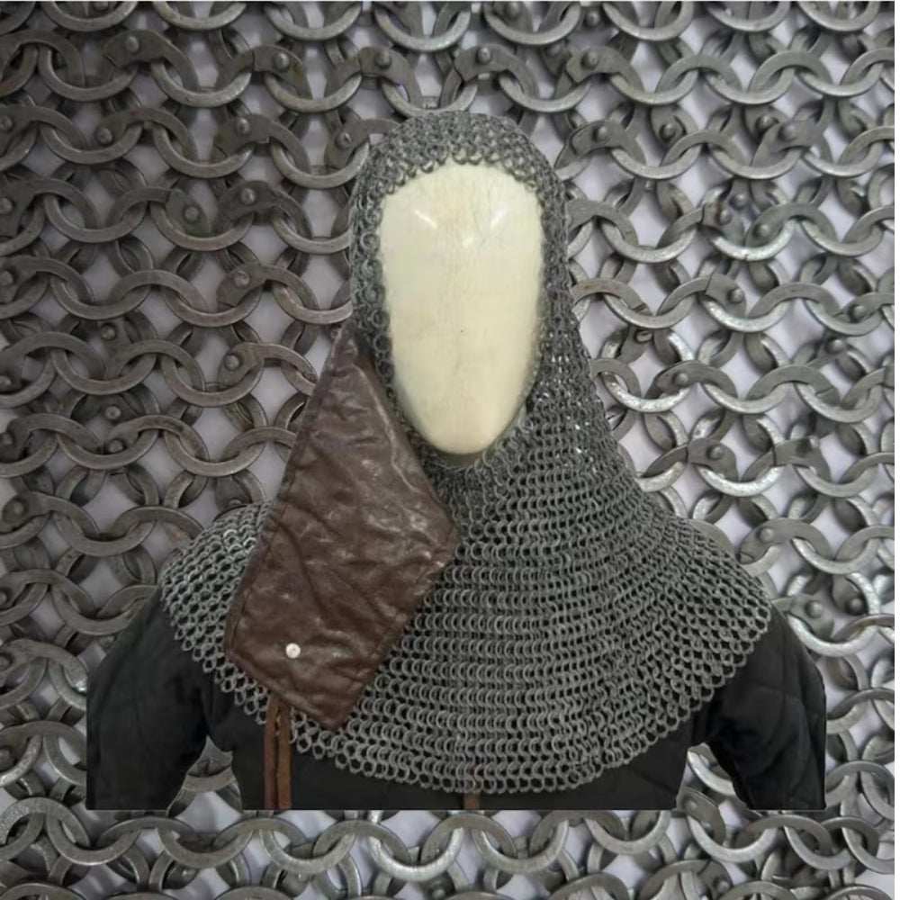 9mm Flat Ring Riveted Chainmail Coif: Medieval LARP Hood with Leather mask
