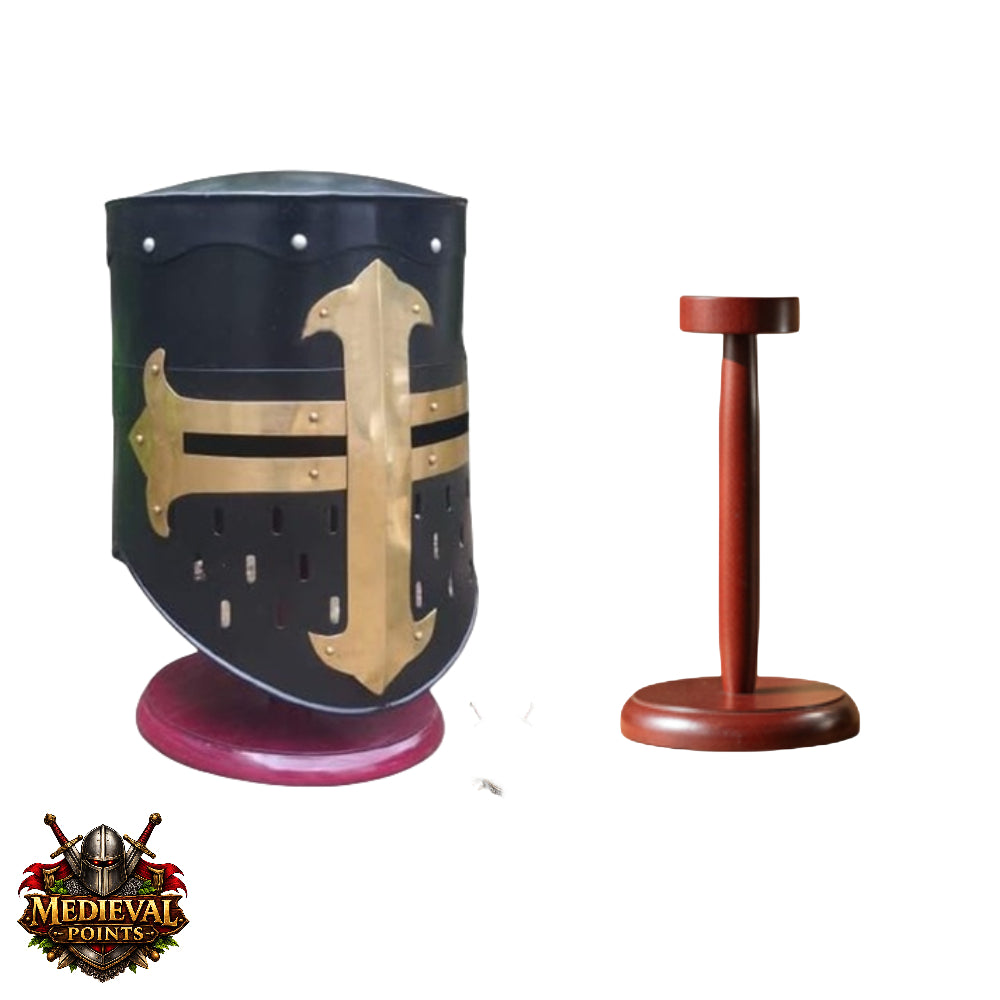 Black Knight Helmet with Wooden Stand – Collectible Armor, Museum Display,