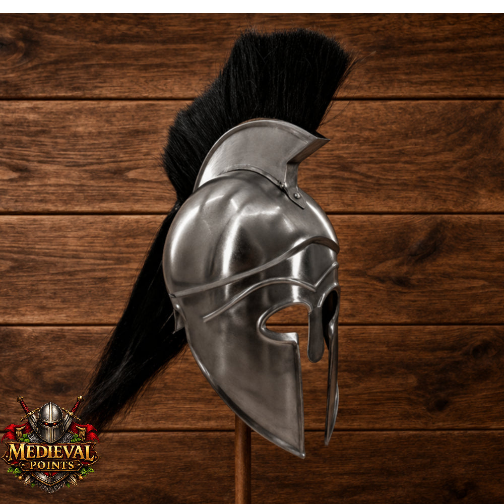 Silver Corinthian Helmet : Warrior Medieval Helmet with Wooden Stand