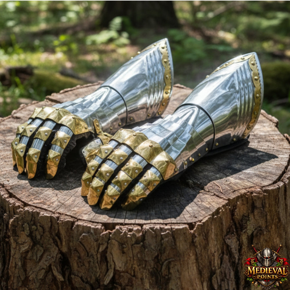 Medieval Gauntlets | 16-Gauge Steel Featuring Brass Accents & Built-In Leather Gloves