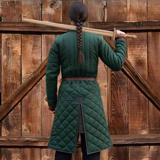Front view medieval long gambeson armor with leather trim padded cotton LARP reenactment costume