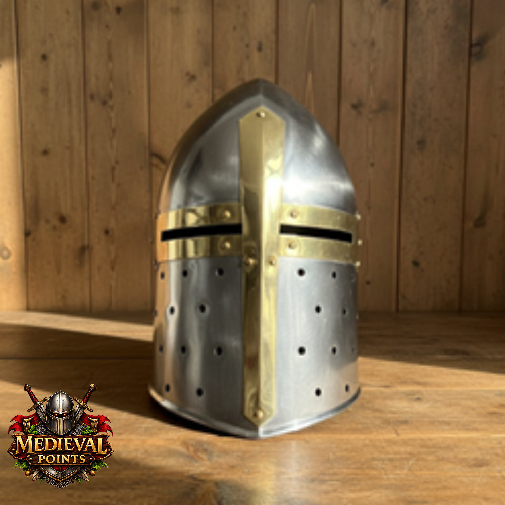 New Suger-loaf Helmet with wooden stand , Silver Crusader Helmet