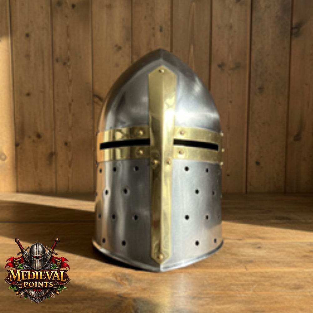 New Suger-loaf Helmet with wooden stand , Silver Crusader Helmet