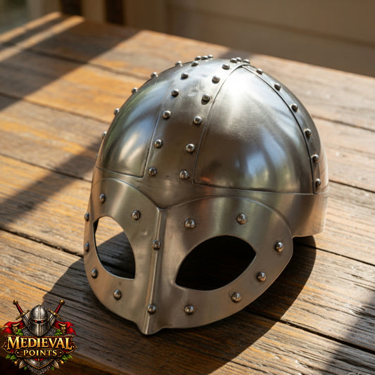 Viking Helmet: Gjermundbu Helmet , Warrior Costume wooden stand - LARP, SCA Armour