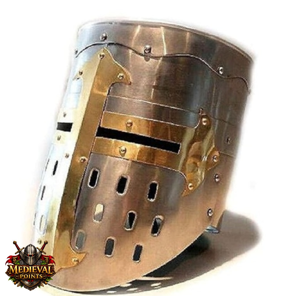 Medieval Knight Helmet with Wooden Stand – Collectible Armor, Museum Display,