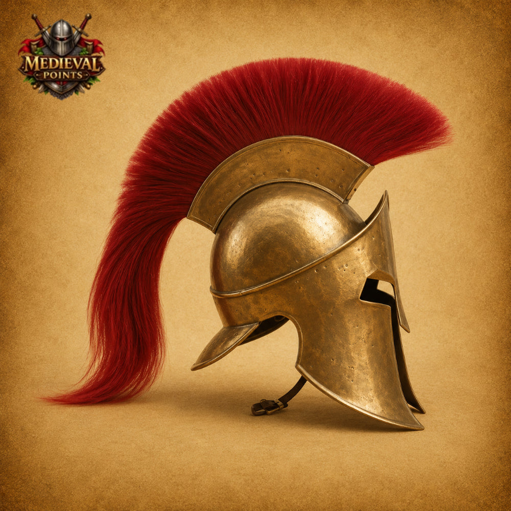 Spartan Helmet with Red Plume | King Leonidas Steel Helmet | Includes Wooden Display Stand