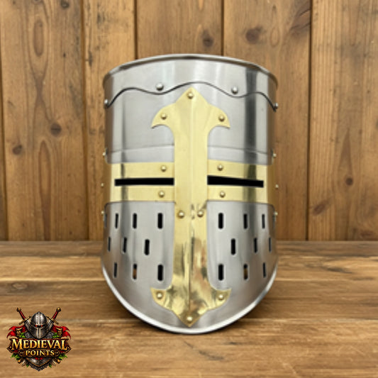 Medieval Knight Helmet with Wooden Stand – Collectible Armor, Museum Display,
