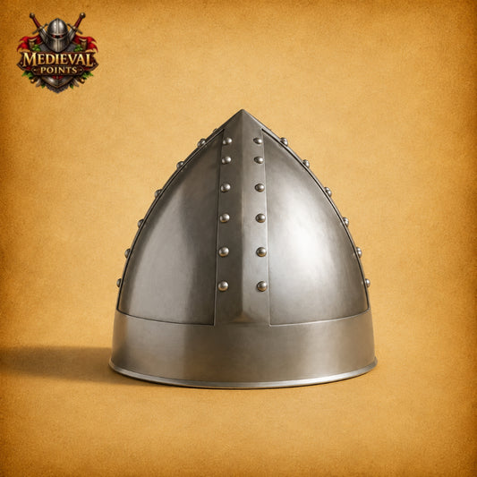 Medieval Norman Warrior Helmet with Nasal Guard & Wooden Display Stand