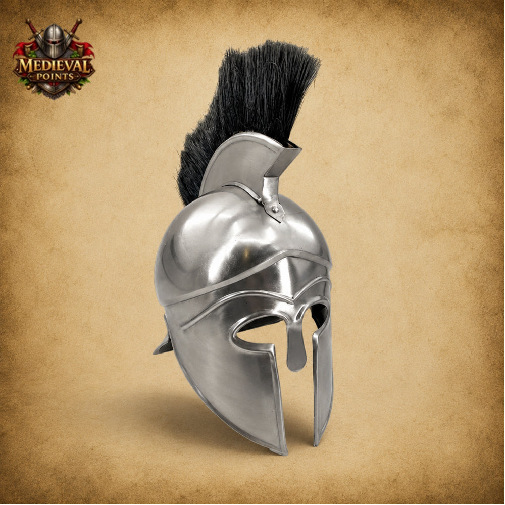 Greek Silver Warrior Helmet with Black Plume & Wooden Display Stand