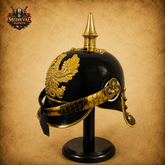 German Pickelhaube Black Steel Helmet | Imperial Officer Replica with Wooden Display Stand