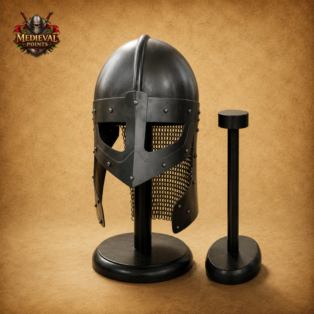 Medieval Raven Viking Helmet with Chainmail & Wooden Display Stand