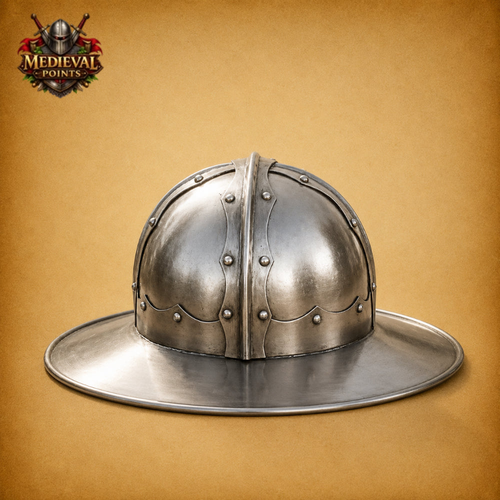 Medieval Kettle Hat Helmet with Wooden Display Stand – 18 Gauge Steel