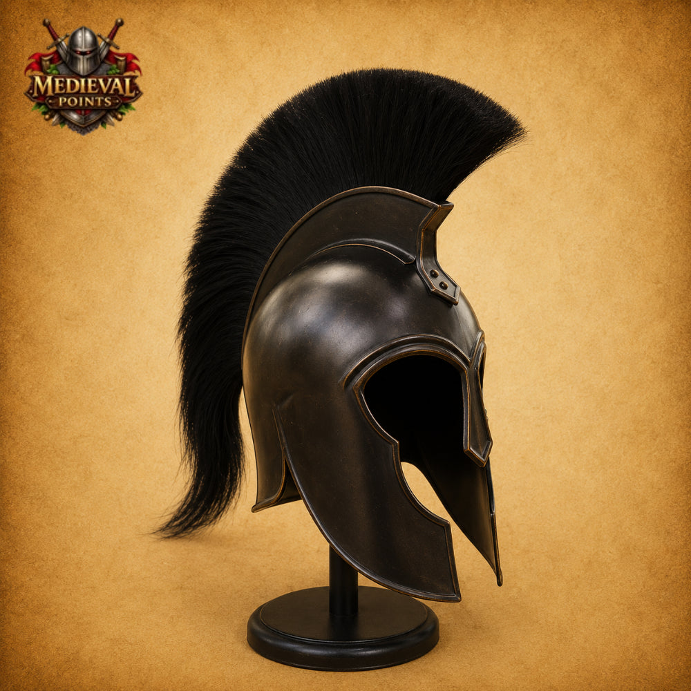 Medieval Achilles Troy Black Helmet with Wooden Display Stand