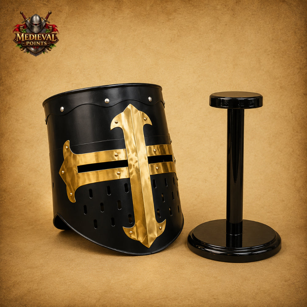 Medieval Crusader Helmet with Wooden Display Stand – Black Knight Great Helm