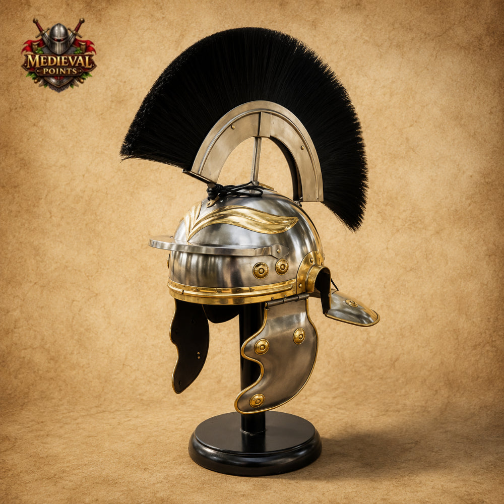 Roman Helmet with Black Plume & Wooden Display Stand
