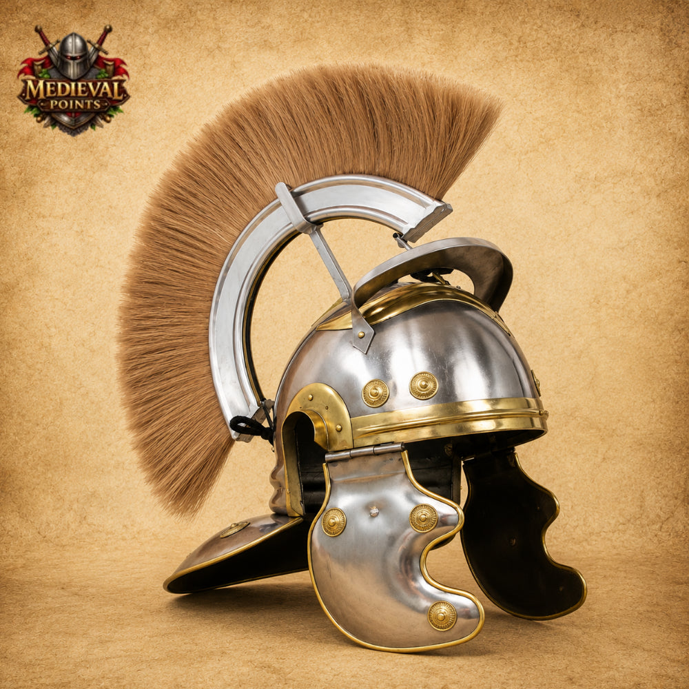 Roman Centurion Helmet with Brown Plume & Wooden Display Stand