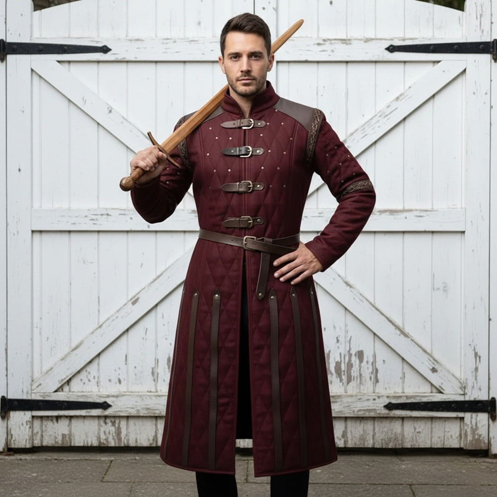 Medieval Gambeson Costume With Brown Leather Trim: Renfaire Larp for Halloween Costume