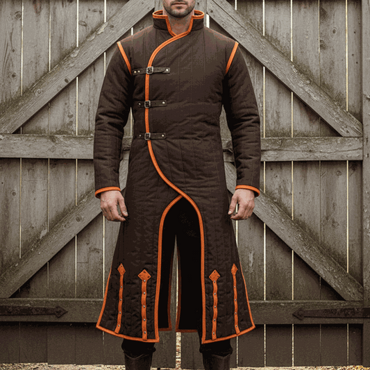 Full body medieval gambeson armor with leather trim padded cotton cosplay costume