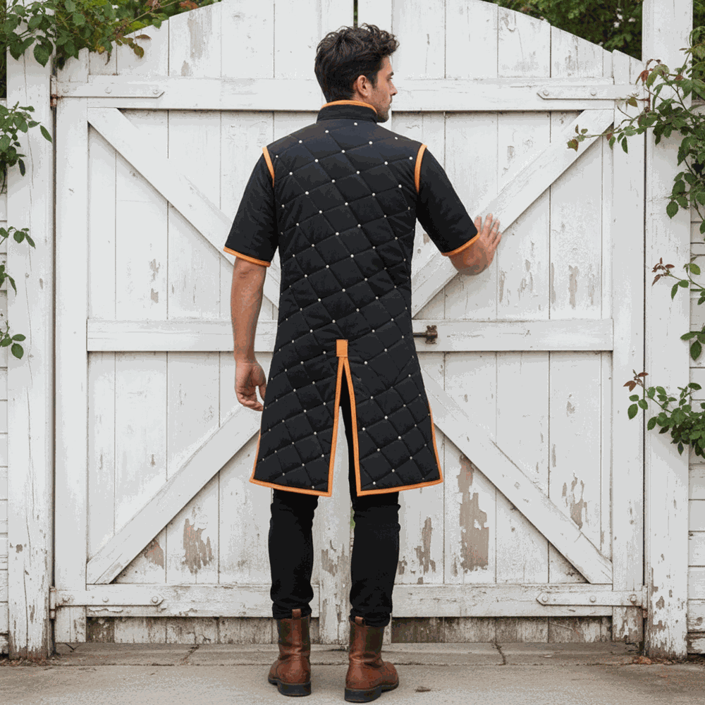 Medieval Gambeson With Brown Leather Trim: Ren faire Costume