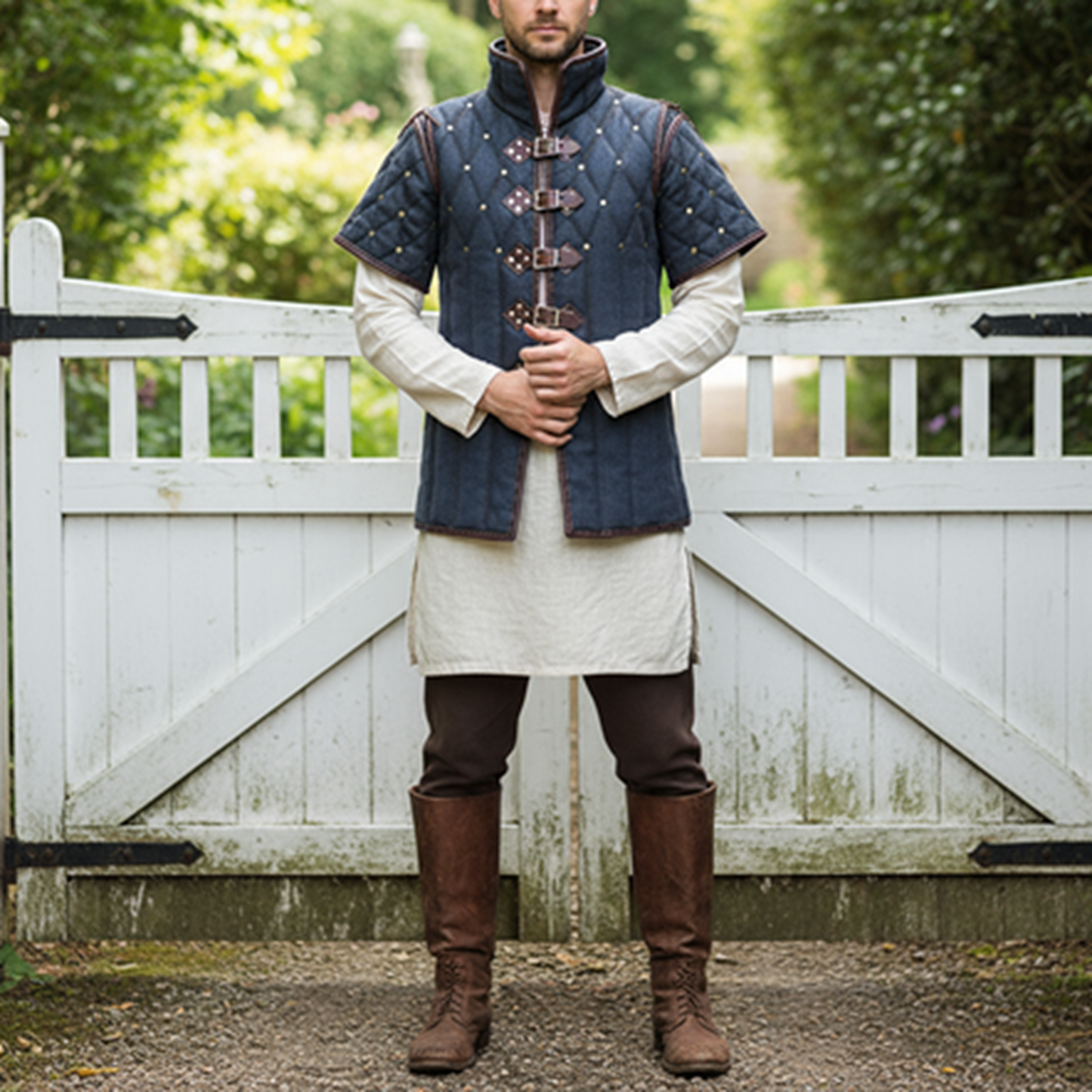 Quilted Gambeson with Brown Leather Trim: Renfaire Gabonese
