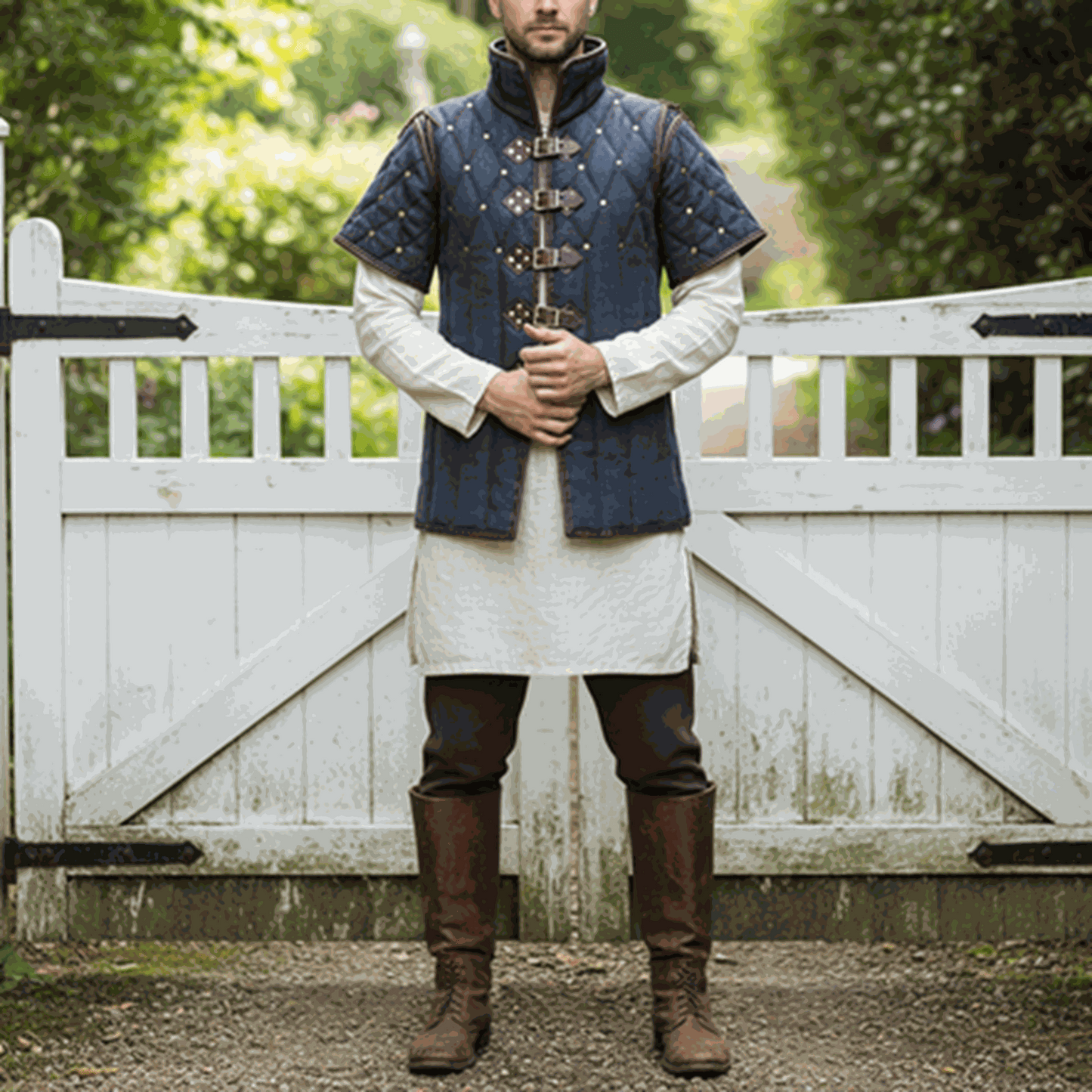 Quilted Gambeson with Brown Leather Trim: Renfaire Gabonese