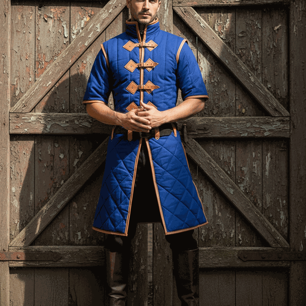 Medieval Padded Cotton Gambeson: Royal Blue with Tan Leather Trim, Renfaire Costume