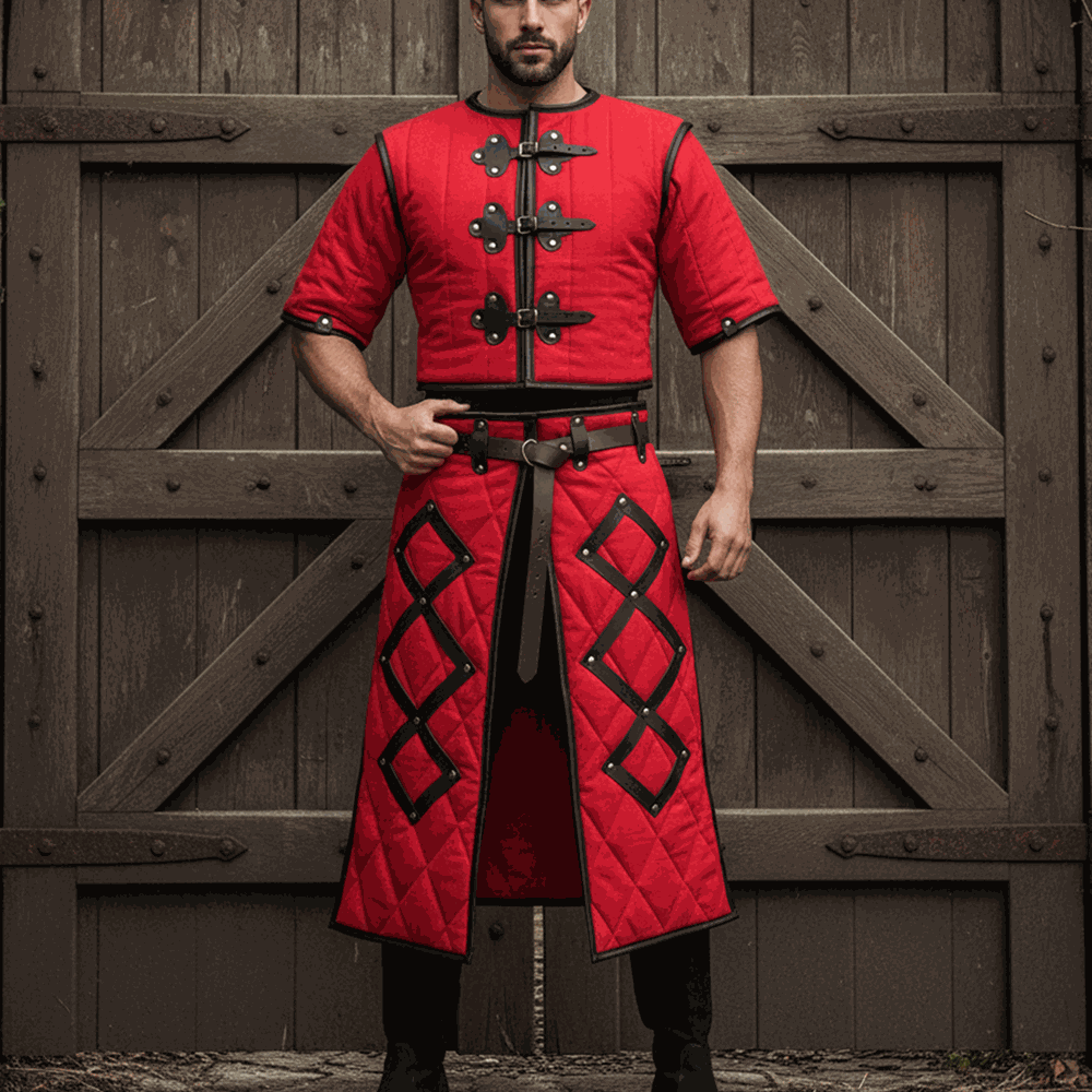 Medieval Gambeson Costume : Brown Leather Trim, Ren faire Armour for event