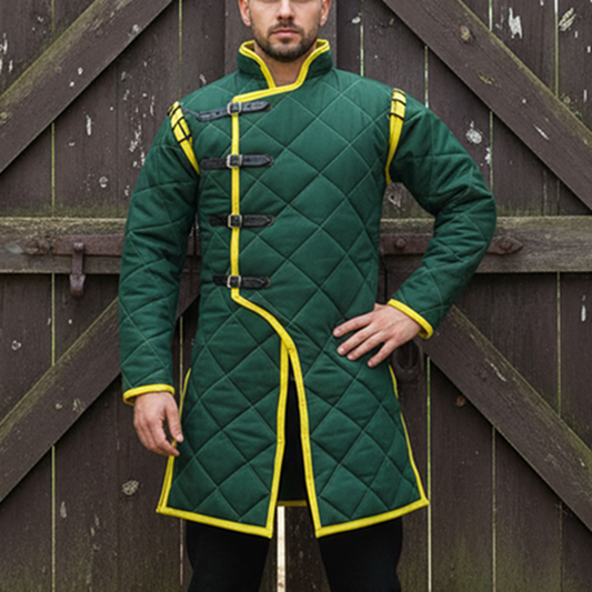 Green gambeson front view medieval padded armor LARP costume