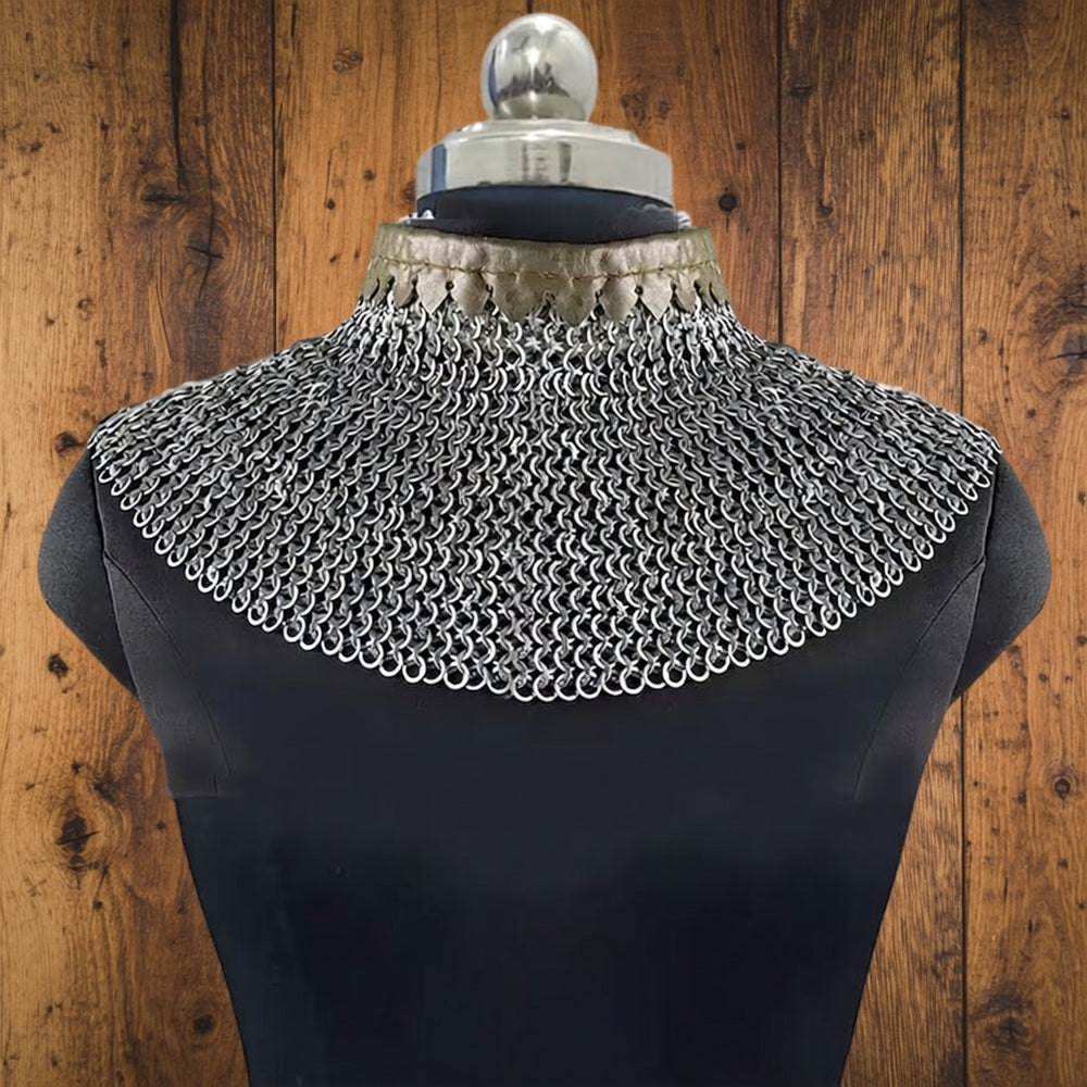 6mm Chainmail Gorget - Flat Riveted Ring with Washer Medieval Collar for Halloween