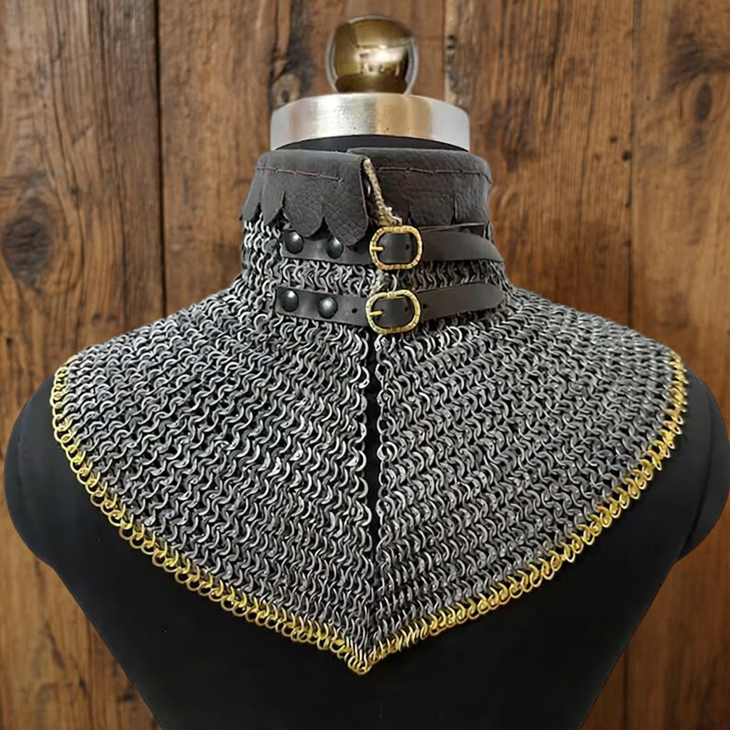 9mm Chainmail Gorget - Flat Riveted Ring with Brass Trim Medieval Collar for Halloween
