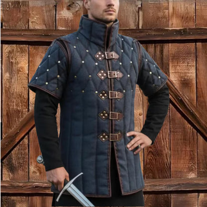 Quilted Gambeson with Brown Leather Trim: Renfaire Gabonese