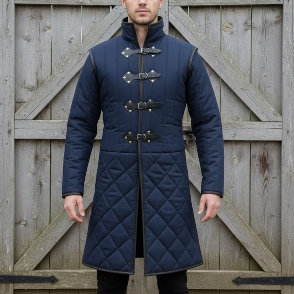 Medieval Long Gambeson with Black Leather Trim – Renfaire & LARP Halloween Costume