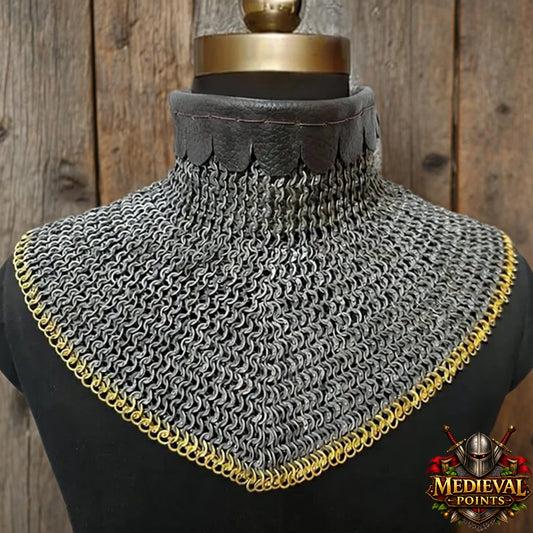 9mm Chainmail Gorget - Flat Riveted Ring with Brass Trim Medieval Collar for Halloween