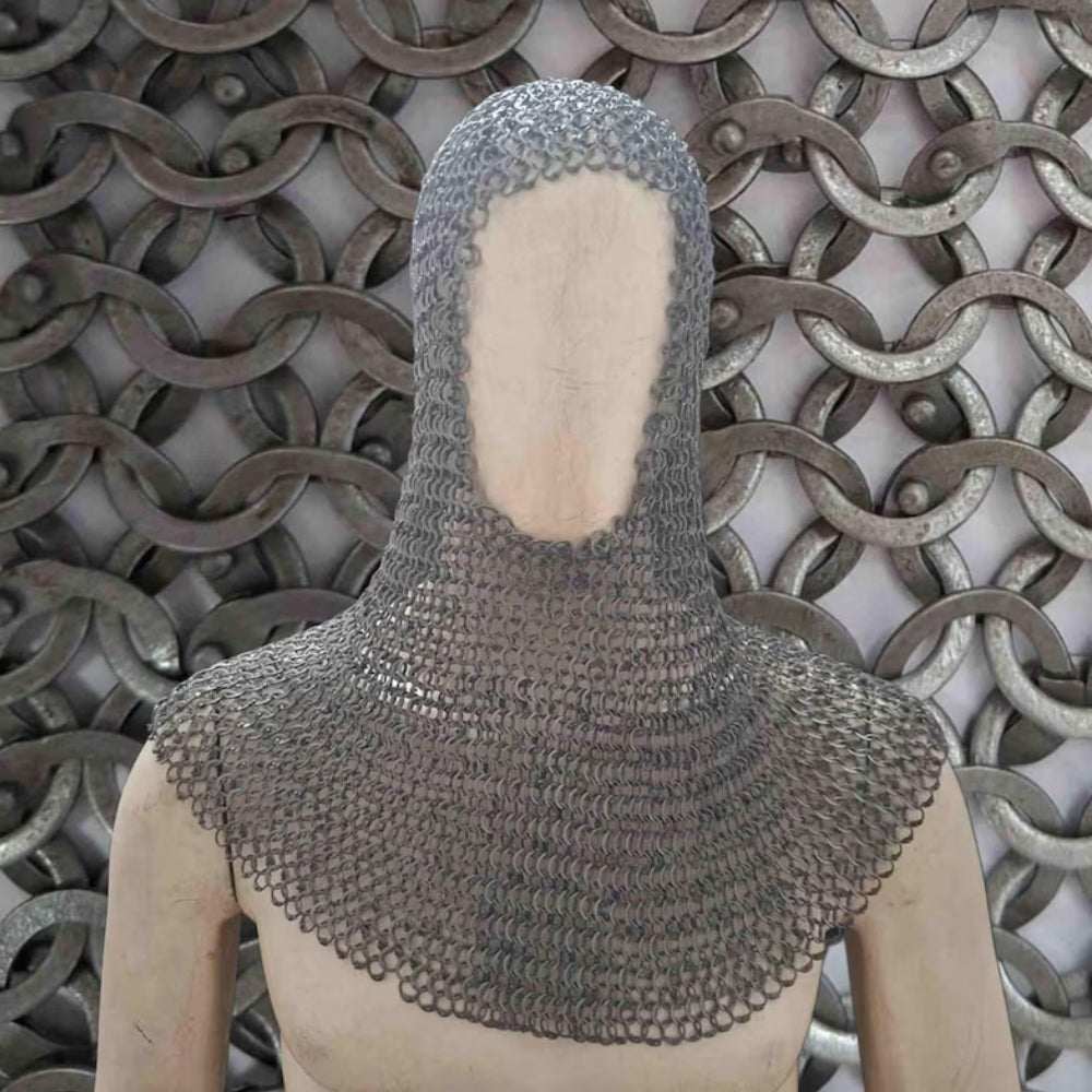 Medieval Chain mail Coif made of 9mm flat riveted rings with washers in 4-in-1 European weave