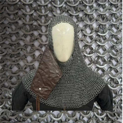 9mm Flat Ring Riveted Chainmail Coif: Medieval LARP Hood with Leather mask
