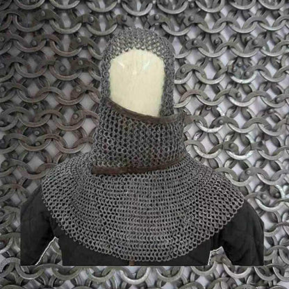 9mm Flat Ring Riveted Chainmail Coif: Medieval LARP Hood with Leather mask
