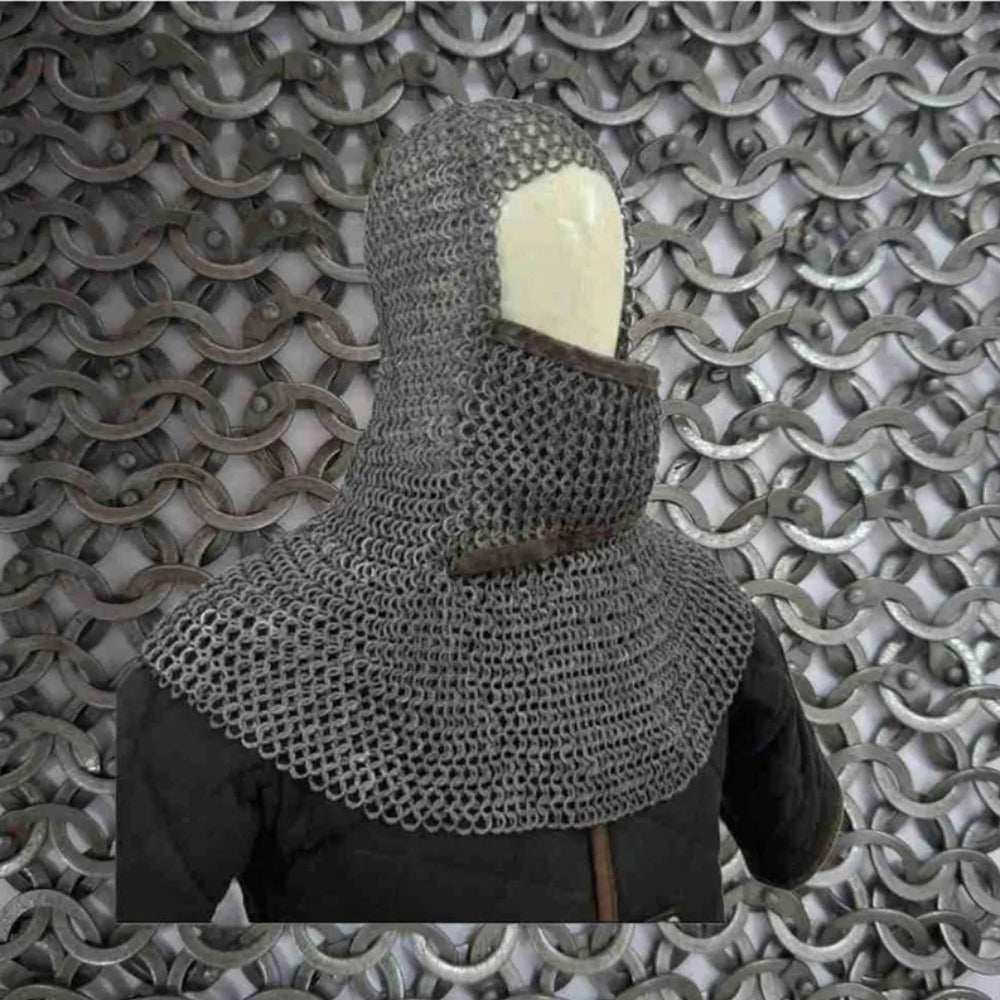 9mm Flat Ring Riveted Chainmail Coif: Medieval LARP Hood with Leather mask
