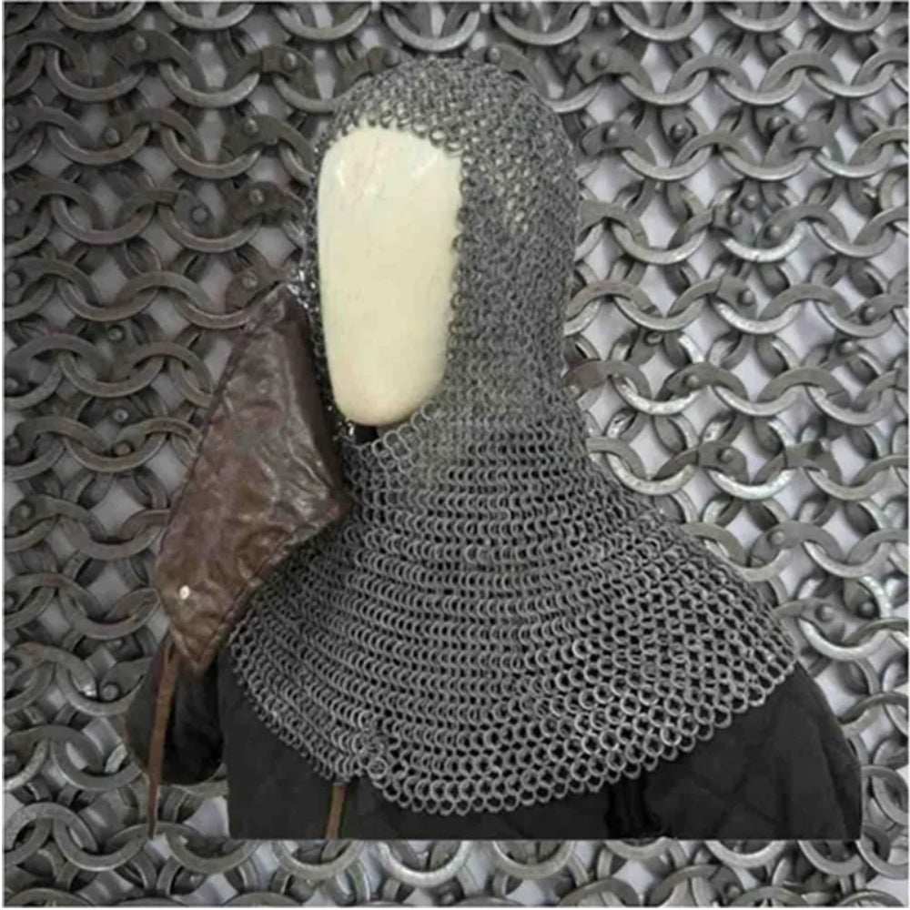 9mm Flat Ring Riveted Chainmail Coif: Medieval LARP Hood with Leather mask