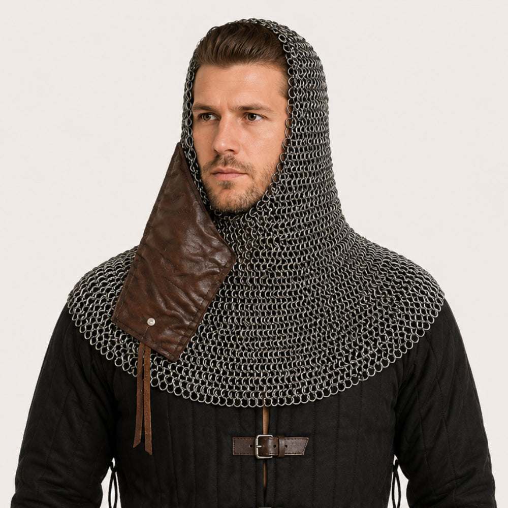 9mm flat ring riveted chainmail coif with leather mask for medieval LARP and reenactment