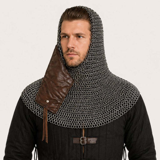 9mm flat ring riveted chainmail coif with leather mask for medieval LARP and reenactment