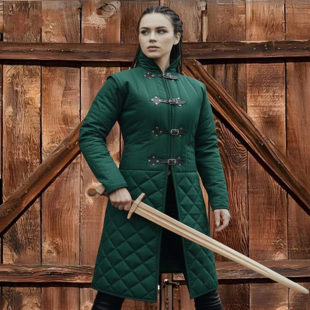 Medieval long gambeson with black leather trim green padded armor for LARP and renaissance fair costume