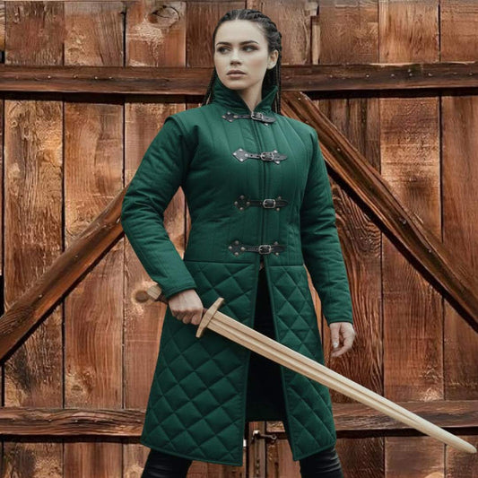 Medieval long gambeson with black leather trim green padded armor for LARP and renaissance fair costume