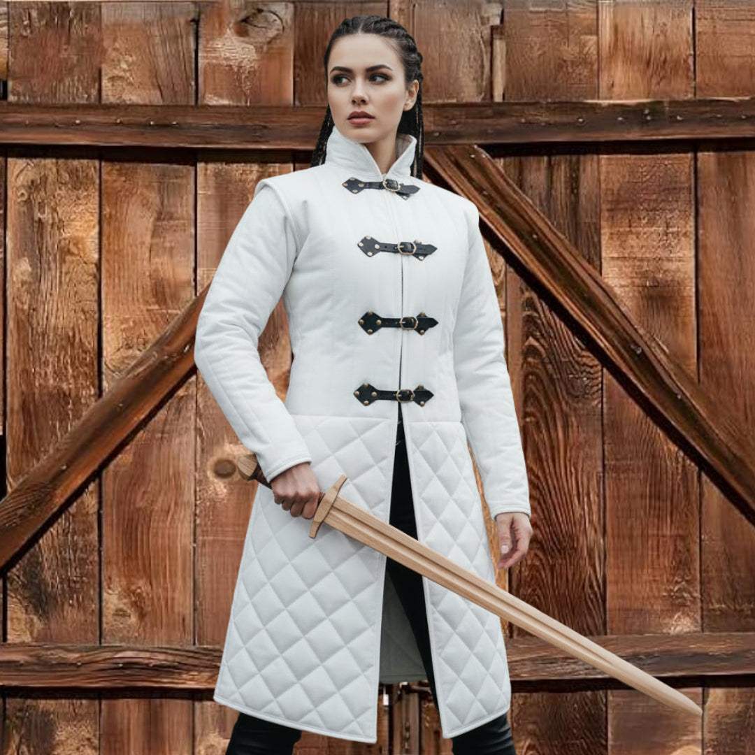 Full body medieval long gambeson costume with black leather trim for LARP cosplay and SCA armor