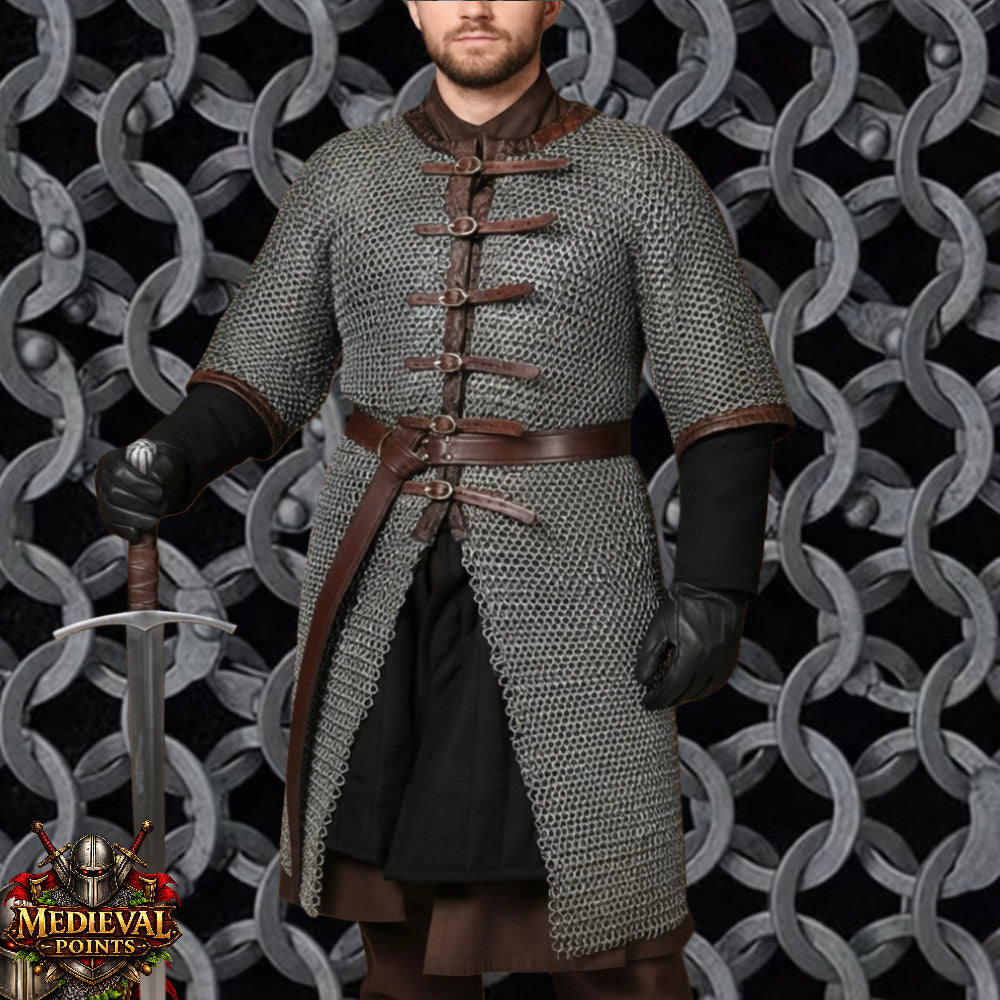 9MM Chainmail Hauberk Front Open Dark Gray Aluminum Riveted Chainmail Shirt | Medieval Armor Costume | LARP Reenactment Hauberk