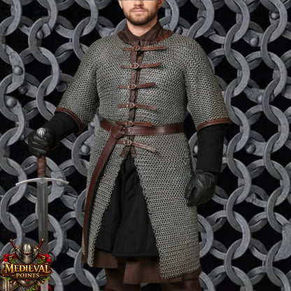 9MM Chainmail Hauberk Front Open Dark Gray Aluminum Riveted Chainmail Shirt | Medieval Armor Costume | LARP Reenactment Hauberk