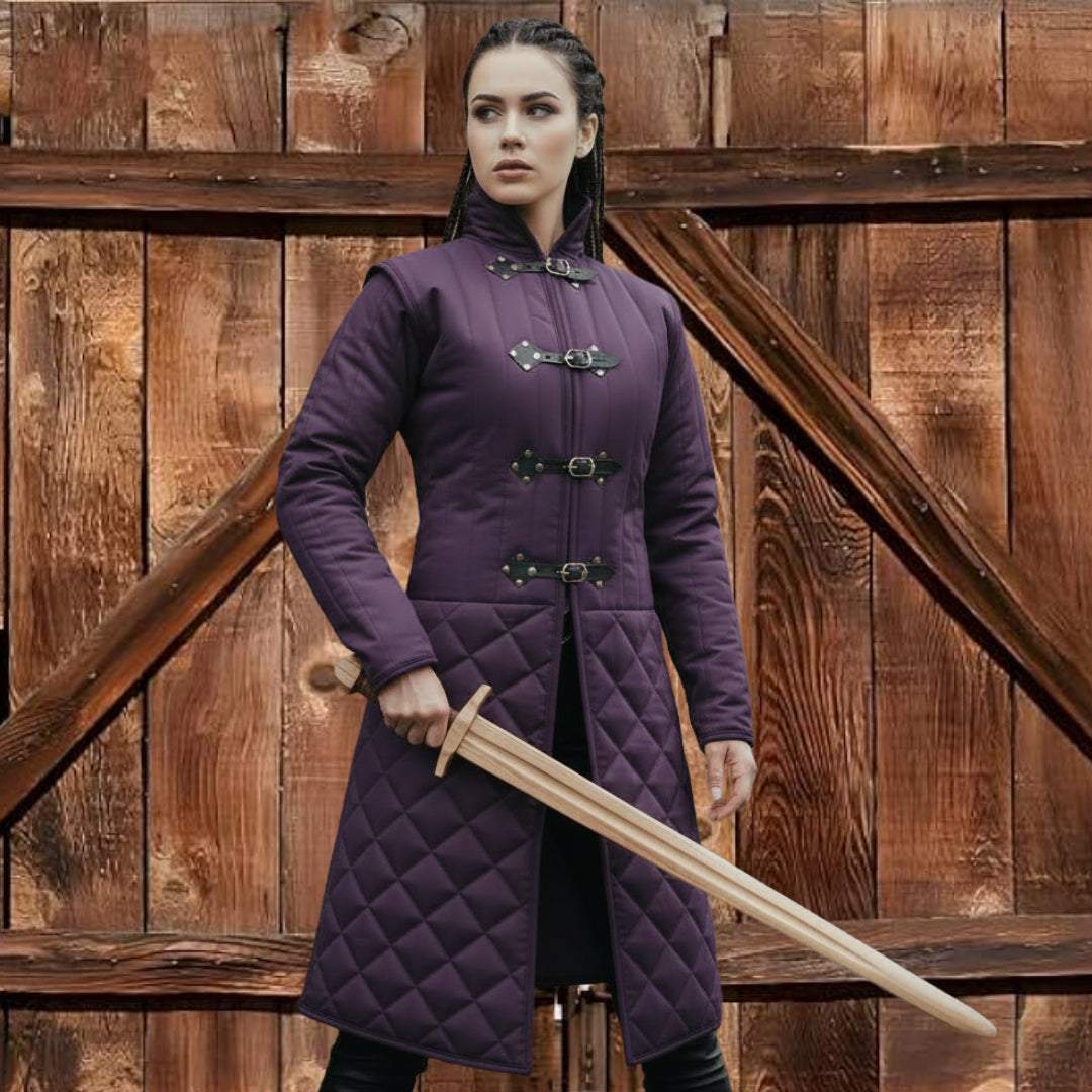 Side view long gambeson medieval armor tunic with leather trim for historical reenactment clothing