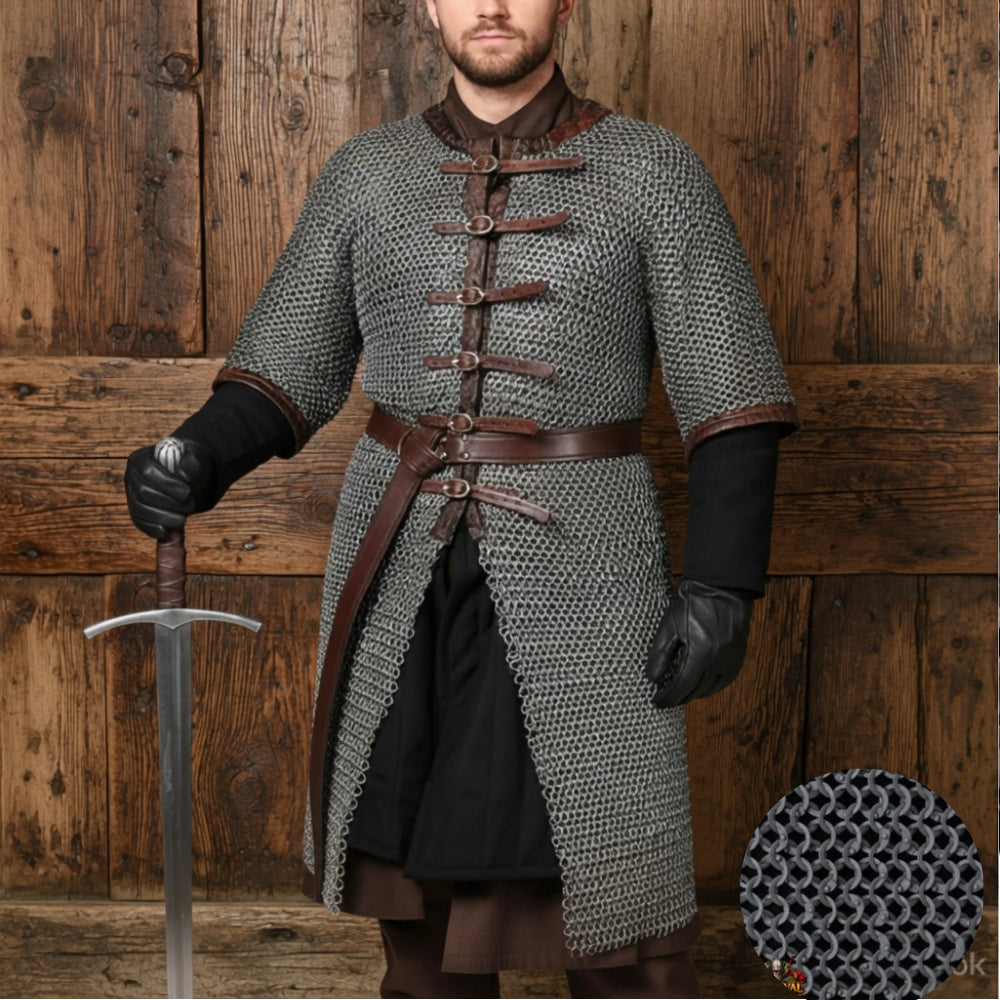 9MM Chainmail Hauberk Front Open Dark Gray Aluminum Riveted Chainmail Shirt | Medieval Armor Costume | LARP Reenactment Hauberk