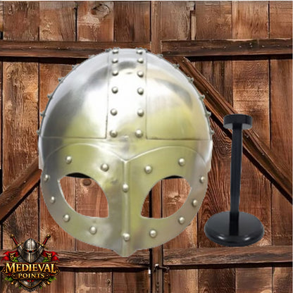 Viking Helmet: Gjermundbu Helmet , Warrior Costume wooden stand - LARP, SCA Armour
