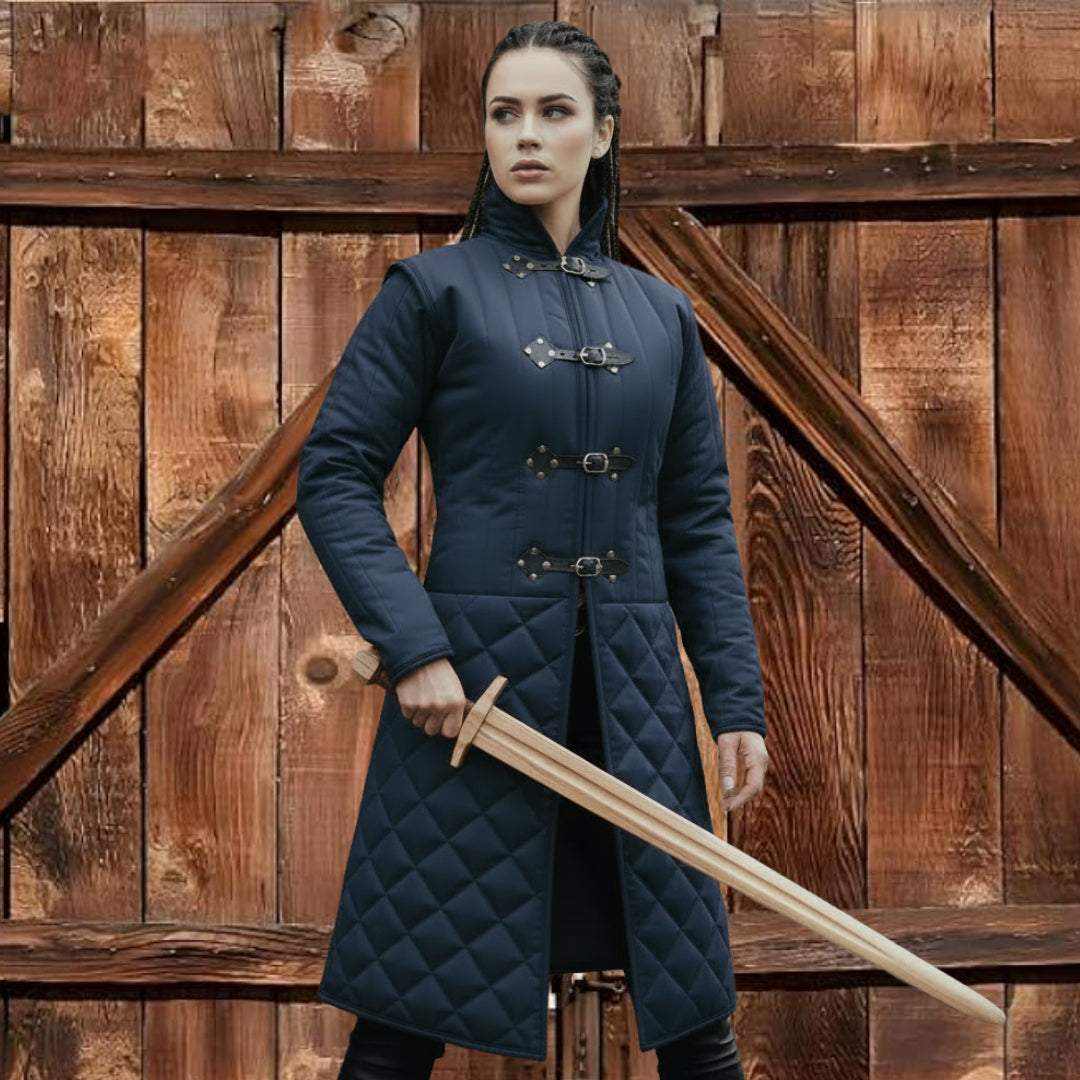 Back side medieval long gambeson padded armor with black leather trim for cosplay and ren faire outfit