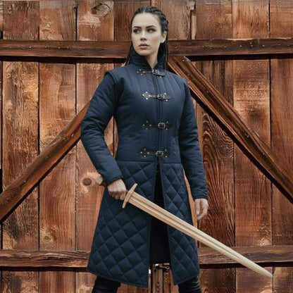 Back side medieval long gambeson padded armor with black leather trim for cosplay and ren faire outfit